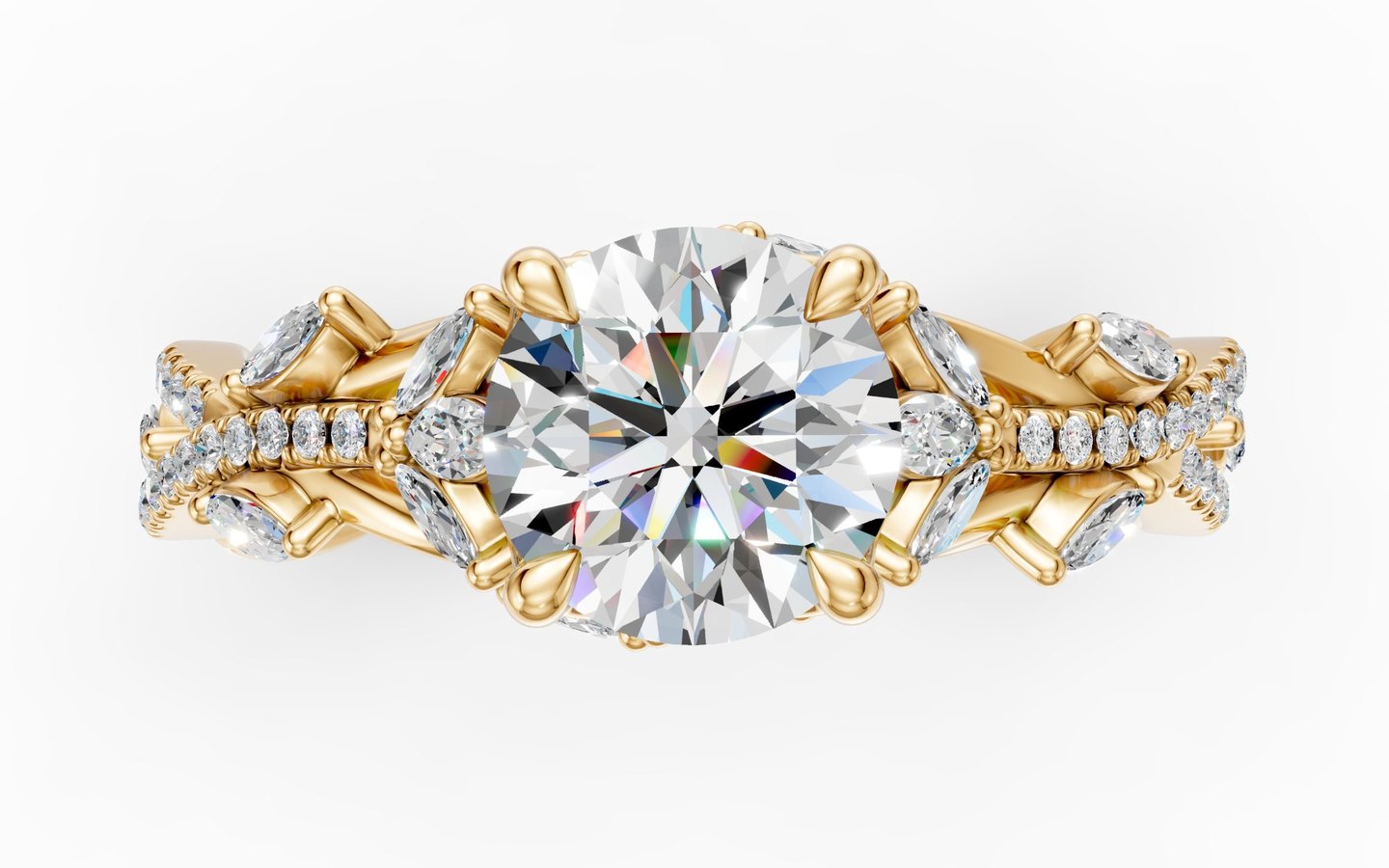 KeyShot render of the marquise vine engagement ring, top view