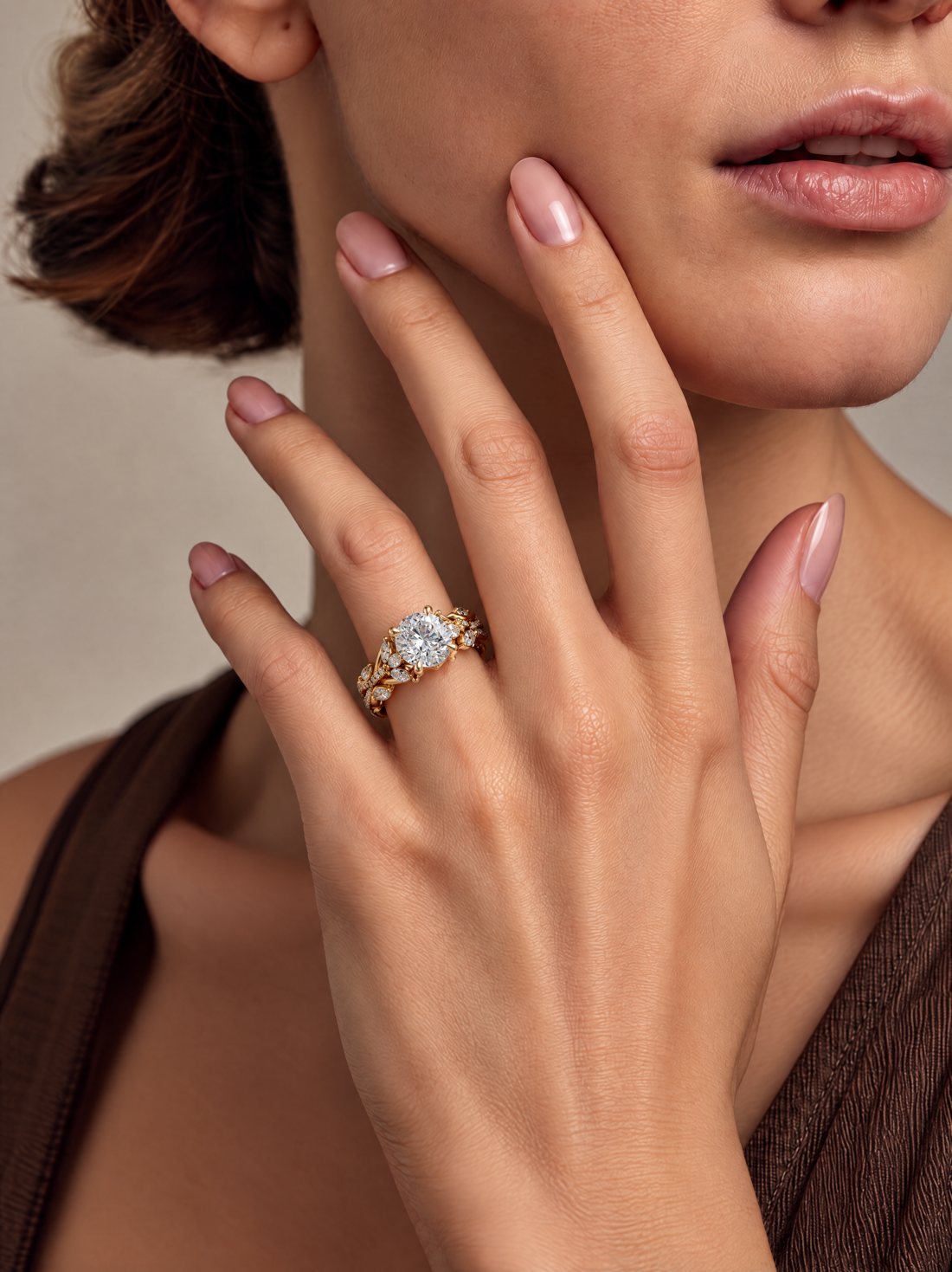 The finished marquise vine engagement ring, 1.5 ct round diamond in yellow gold, worn on the hand